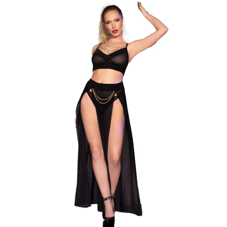 Chilirose - Cr 4672 Falda Top Negra y Tanga Con Cadenas Doradas L