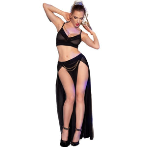 Chilirose - Cr 4672 Saia Top Preta e Tanga com Correntes Douradas XL