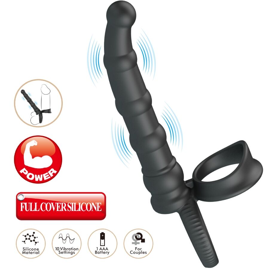 Pretty Love - Anillo Vibrador para Pene Tatum Con Plug 10 Vibraciones Negro