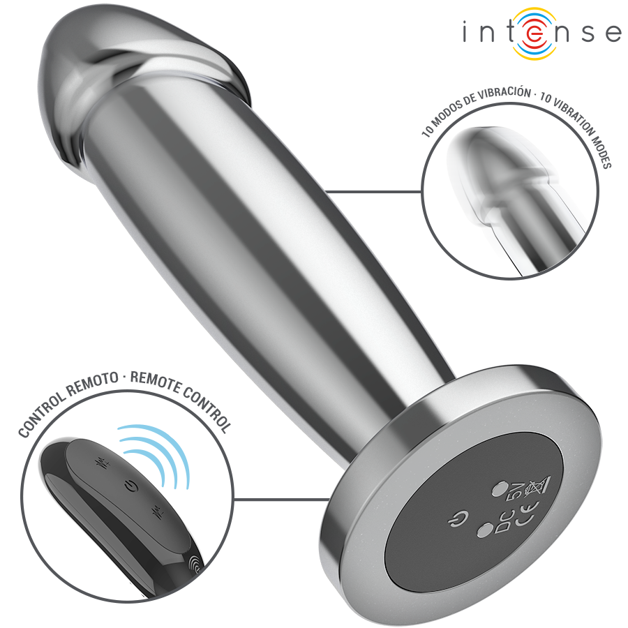Intense -Plug Anal 10 Vibrações Dildo de Metal Com Controle Remoto M