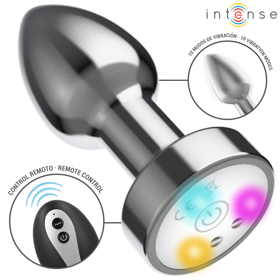 Intense -Plug Anal de Metal Vibrante Com Luzes Led e Controle Remoto - Tamanho S