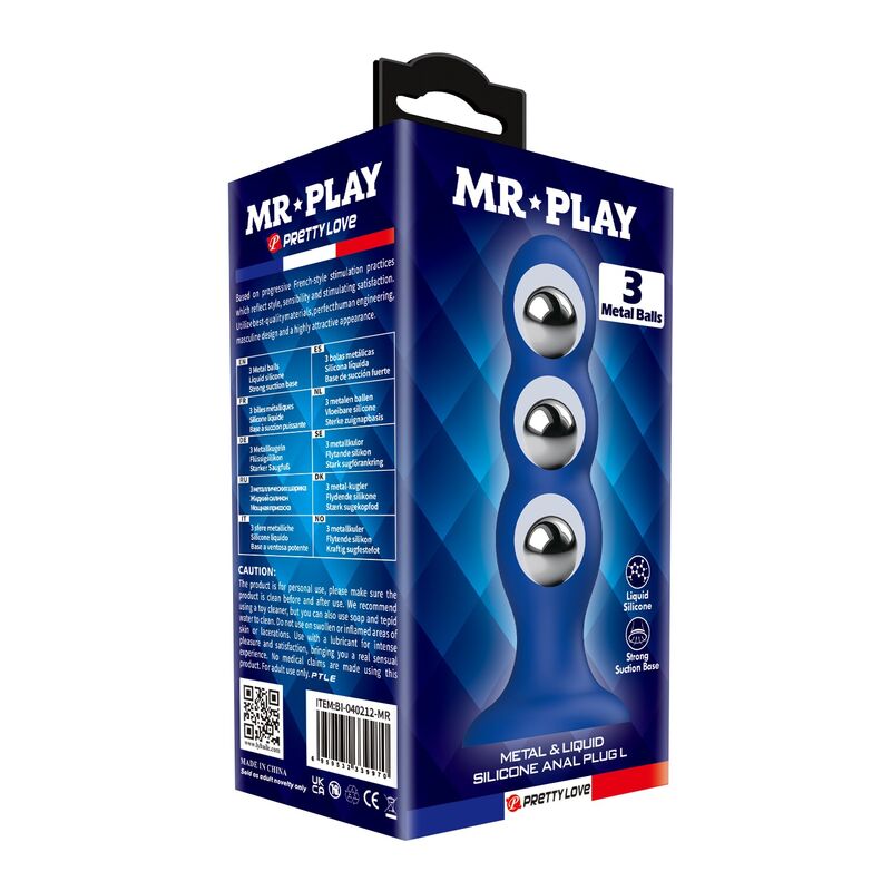 Mr Play - Plug Anal com Bolinhas de Metal e Ventosa Azul