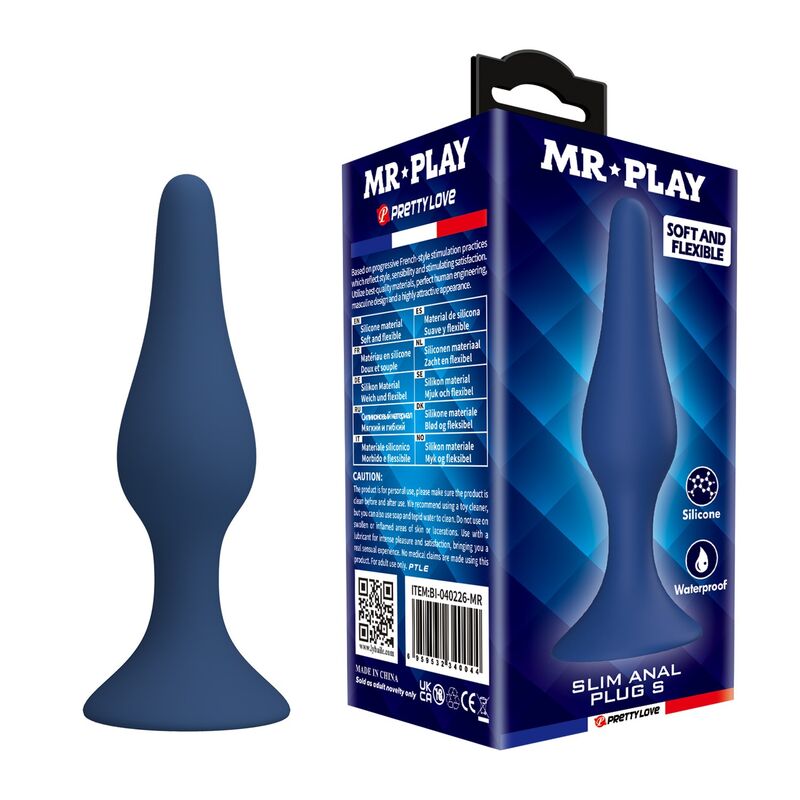 Mr Play - Plug Anal Fino de Silicone Azul Tamanho S