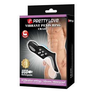 Pretty Love - Anel Peniano Vibratório Recarregável Craig Preto