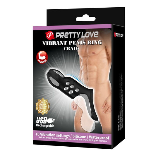 Pretty Love - Anel Peniano Vibratório Recarregável Craig Preto