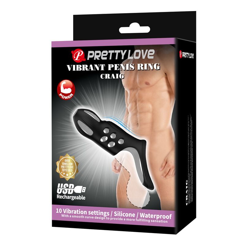 Pretty Love - Anel Peniano Vibratório Recarregável Craig Preto