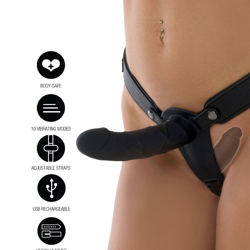 Hidden Desire - Arnês Inferno com Dildo Vibratório Duplo de Silicone de 14 cm e Controle Remoto Preto