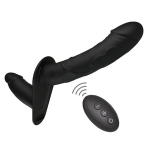 Hidden Desire - Arnês Inferno com Dildo Vibratório Duplo de Silicone de 14 cm e Controle Remoto Preto