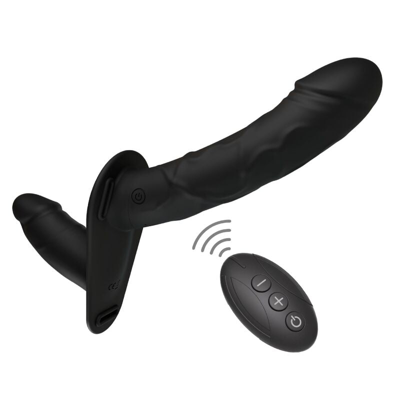 Hidden Desire - Arnês Inferno com Dildo Vibratório Duplo de Silicone de 14 cm e Controle Remoto Preto