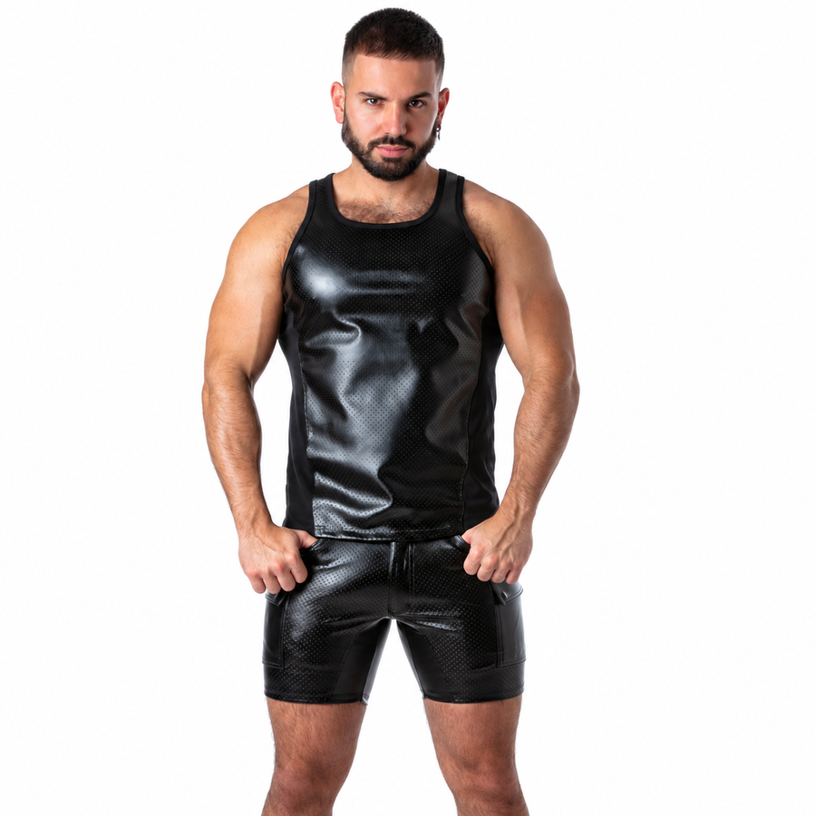 Locker Gear - Punch Hole Leatherette Camisola de Alças Preto L