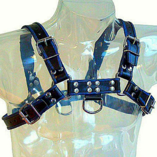 Leather Body Peito Buldogue Chicote de Couro Preto / Azul