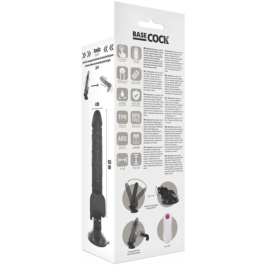 Basecock Vibrador Realista Control Remoto Negro Con Testículos 19.5 Cm -o- 4 Cm