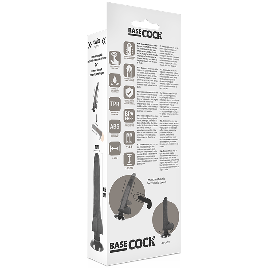 Basecock - Vibrador Realístico 2-1 Preto 18.5 cm -O- 4 cm