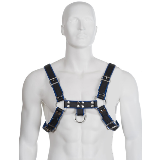Leather Body Peito Buldogue Chicote de Couro Preto / Azul