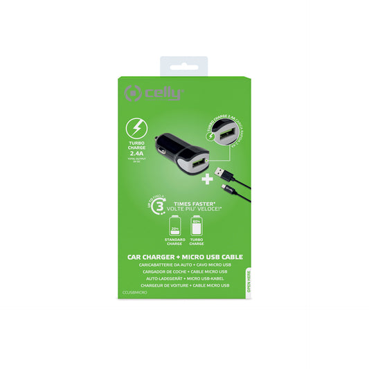 Celly USB 2.4A Turbo Cargador de Coche + Cable MicroUSB a USB2.0 Negro
