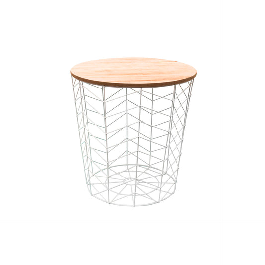 Mesa Auxiliar Redonda Tapa de Madera y Estructura Metálica Chevron Blanco