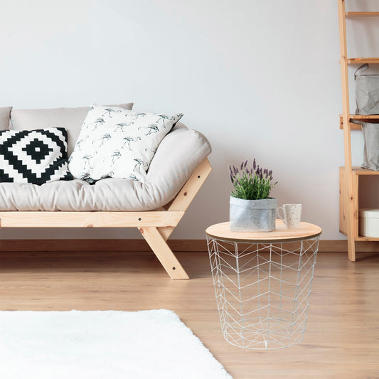 Mesa Auxiliar Redonda Tapa de Madera y Estructura Metálica Chevron Blanco