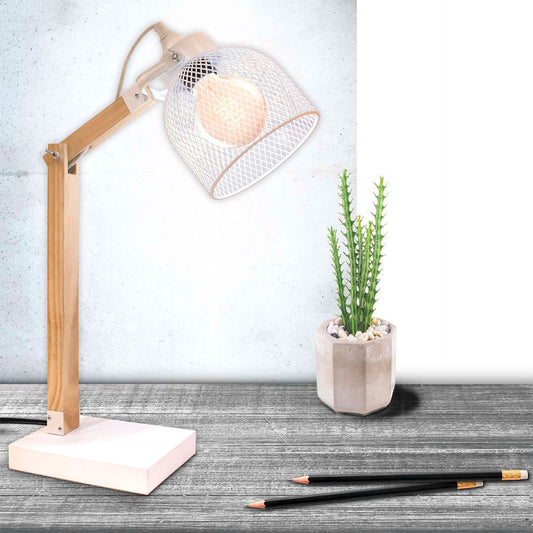 Candeeiro de Mesa Metal Branco e Madeira E28