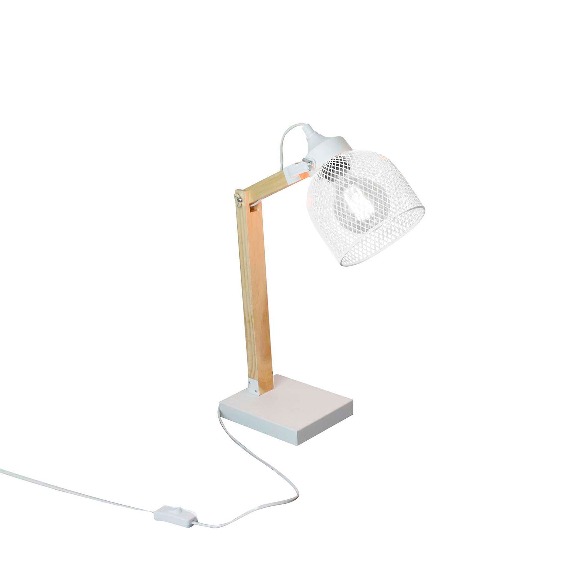 Lámpara de mesa de metal blanco y madera E28