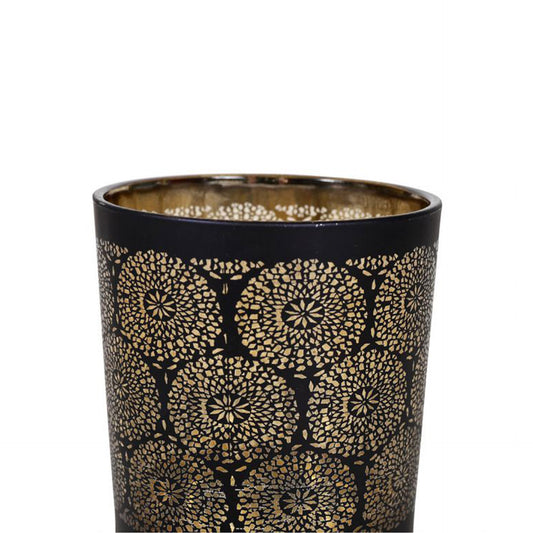 HKH Porta Velas Vidro Mandalas Preto/Dourado