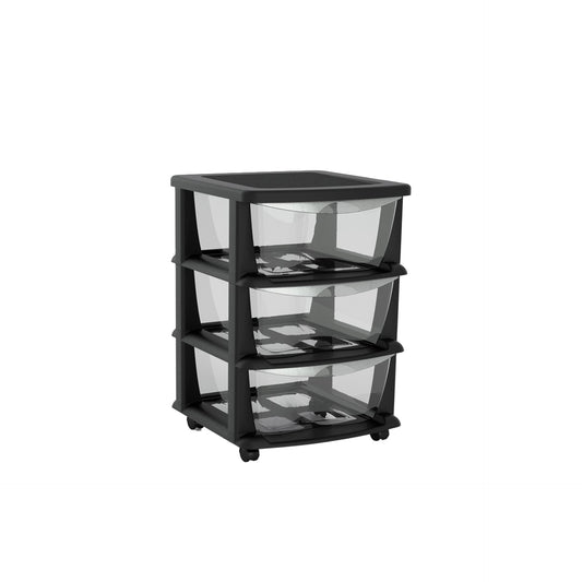 Practikart Gaveteiro Preto com Rodas e 3 Gavetas Transparentes