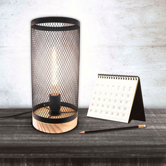 Candeeiro de Mesa Metal Arame Preto Forma Cilíndrica
