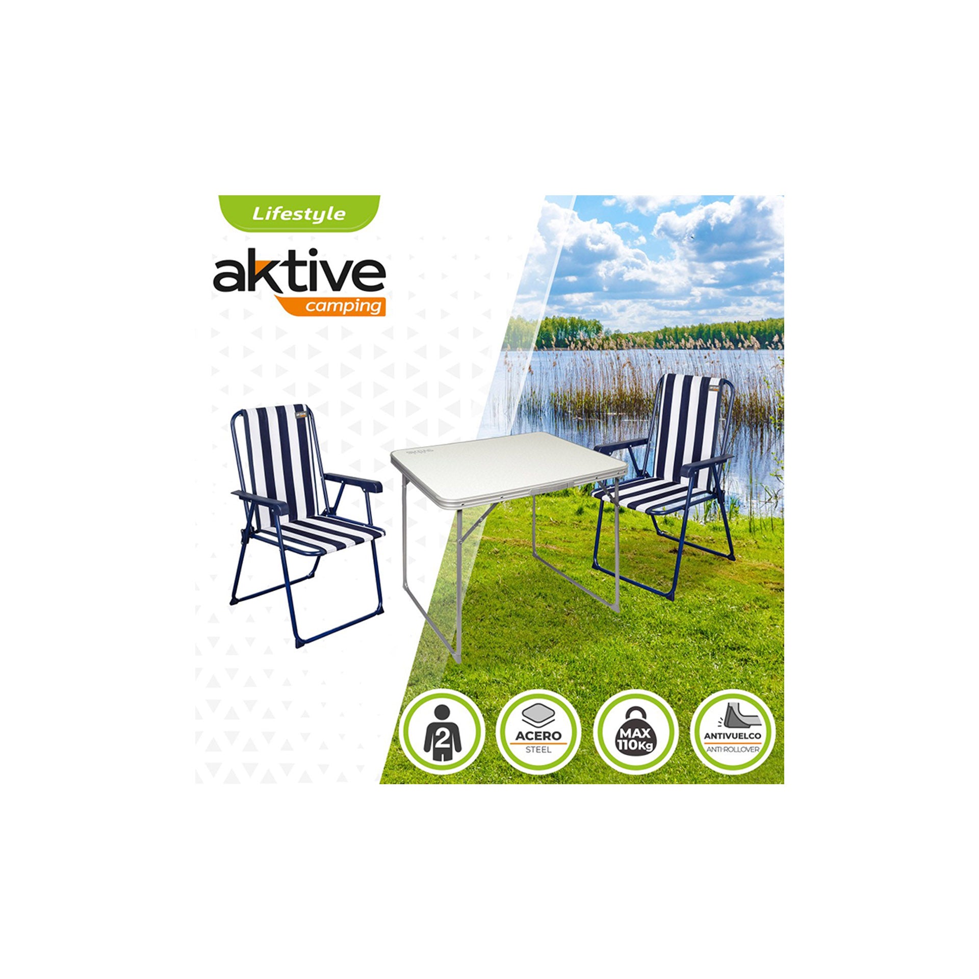 Juego de mesa plegable + 2 sillas Aktive Camping