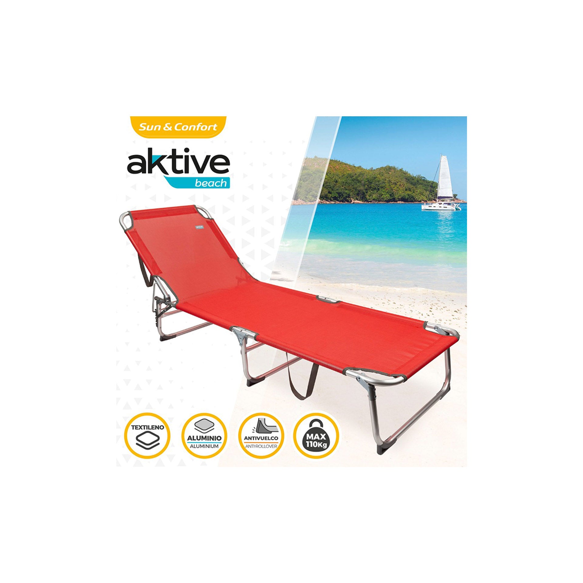 Aktive Beach Red Tumbona Plegable con Respaldo Reclinable