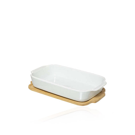 HKH Travessa Rectangular em Cerâmica com Base de Bambu