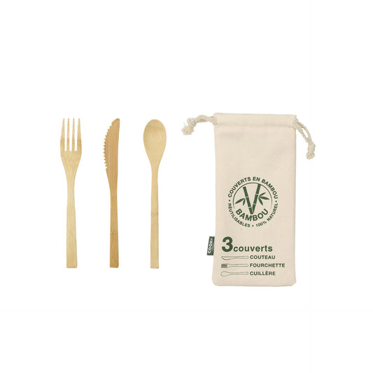 HKH Conjunto 3 Talheres Reutilizáveis Bambu com Bolsa