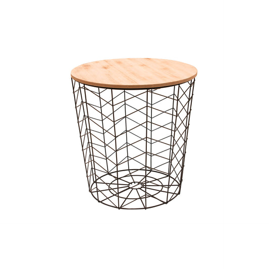 Mesa de Apoio Redonda Tampo Madeira e Estrutura Metal Preta Chevron