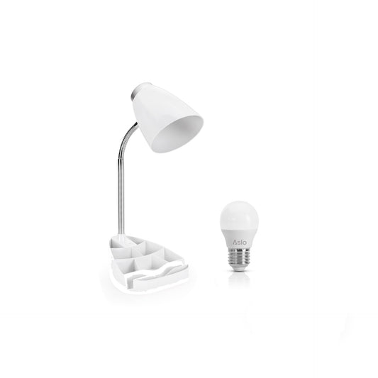 Aslo Candeeiro Secretária Branco com Suporte Multi-funções + Lâmpada Led Esf E27 5W 40