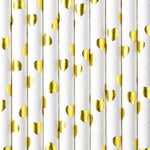 Pack 10 Palhas Papel Branco Coração Dourado 19,5 cm